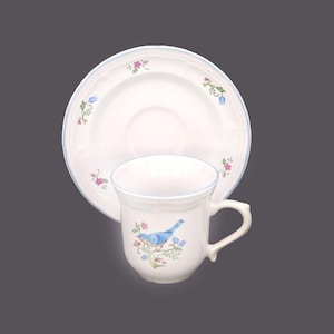 天山鳥園の鳥と花の陶器カップとソーサーのセット。ブルーバードまたはカーディナル。