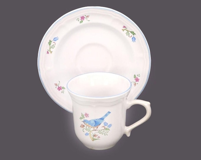 Tienshan Aviary birds and flowers stoneware cup and saucer set. Bluebird or Cardinal.