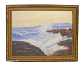 Original signed oil on canvas painting of a waterscape. Rough waves crash against rocks. Framed. Signed M. Martin.