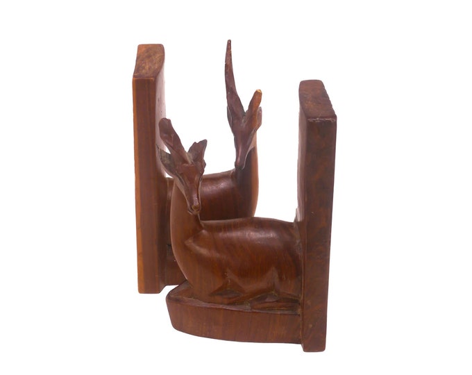 Pair of hand-carved solid wood antelope | deer bookends. Attributed Besmo Kenya. Gift for him. Gift for dad.