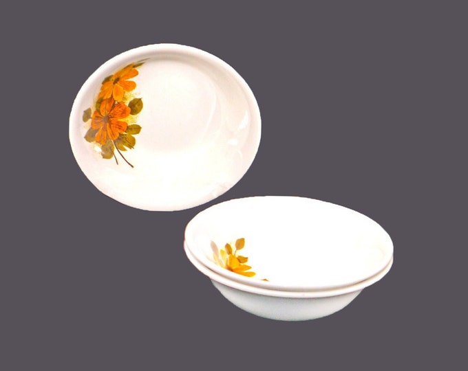 Three Myott MYO54 stoneware fruit nappies, dessert bowls. Retro flower power Sandstone Ware Ironstone made in England.