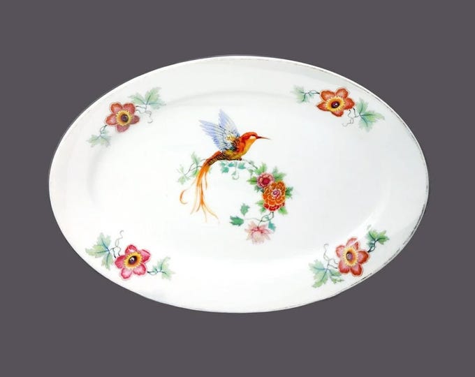 Bernadotte Thun CZE202 oval sandwich or burger platter made in Czechoslovakia. Florals and hummingbird. Flaws (see below).