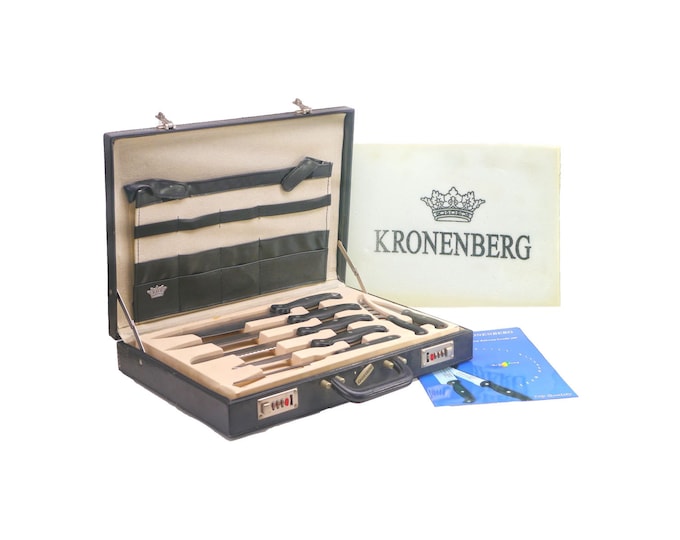 Kronenberg Rostfrei professional knife set with forks. Locking Diplomaten briefcase. Original brochure, foam insert.