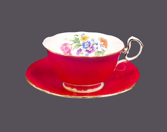 Aynsley 332X maroon and florals wide-mouth cup and saucer set. Bone china made in England.
