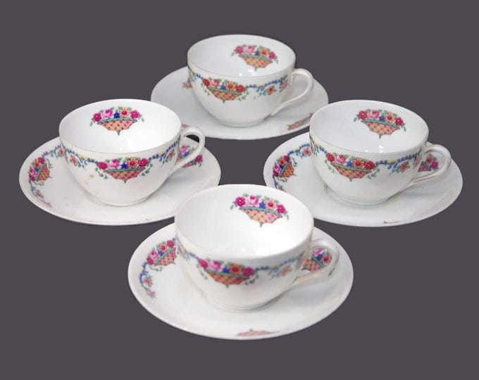Four Victoria China 264 cup and saucer sets made in Czechoslovakia. Flowers in basket.