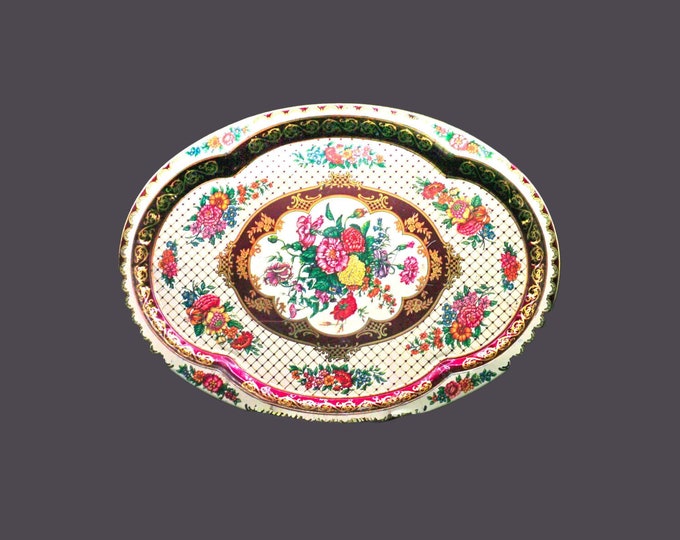 Daher Decorated Ware large oval metal serving tray. Multi-colored flowers. gold lattice, maroon. Made in England.