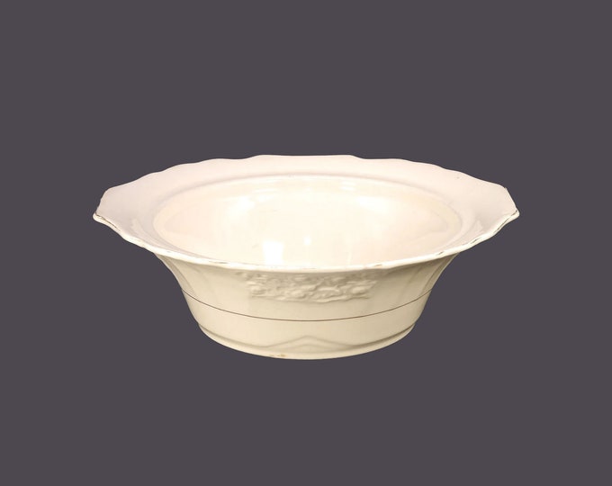 Myott 1338 lugged, open serving bowl made in England. High-relief florals, gold band.