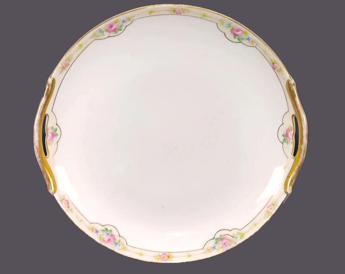 Antique Morimura | Noritake | hand-painted Nippon lugged cake or cookie serving plate. Pink roses, yellow band, cut-out handles.