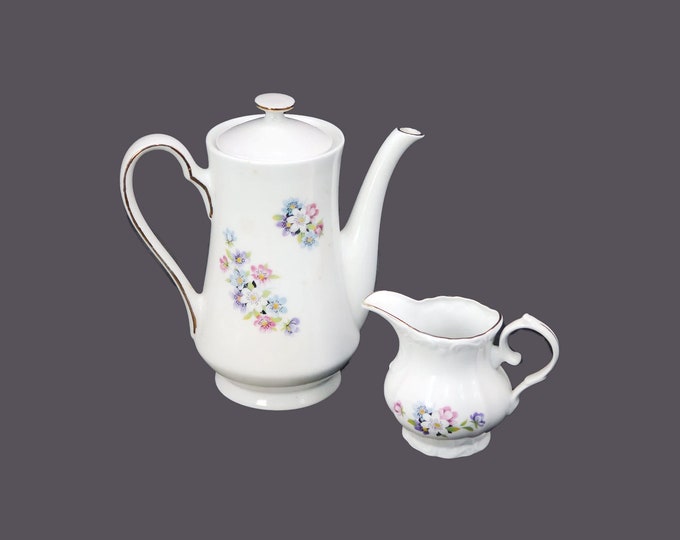 Apulum Portellanul six-cup coffee pot with matching creamer jug. Multicolor flowers. Made in Romania.
