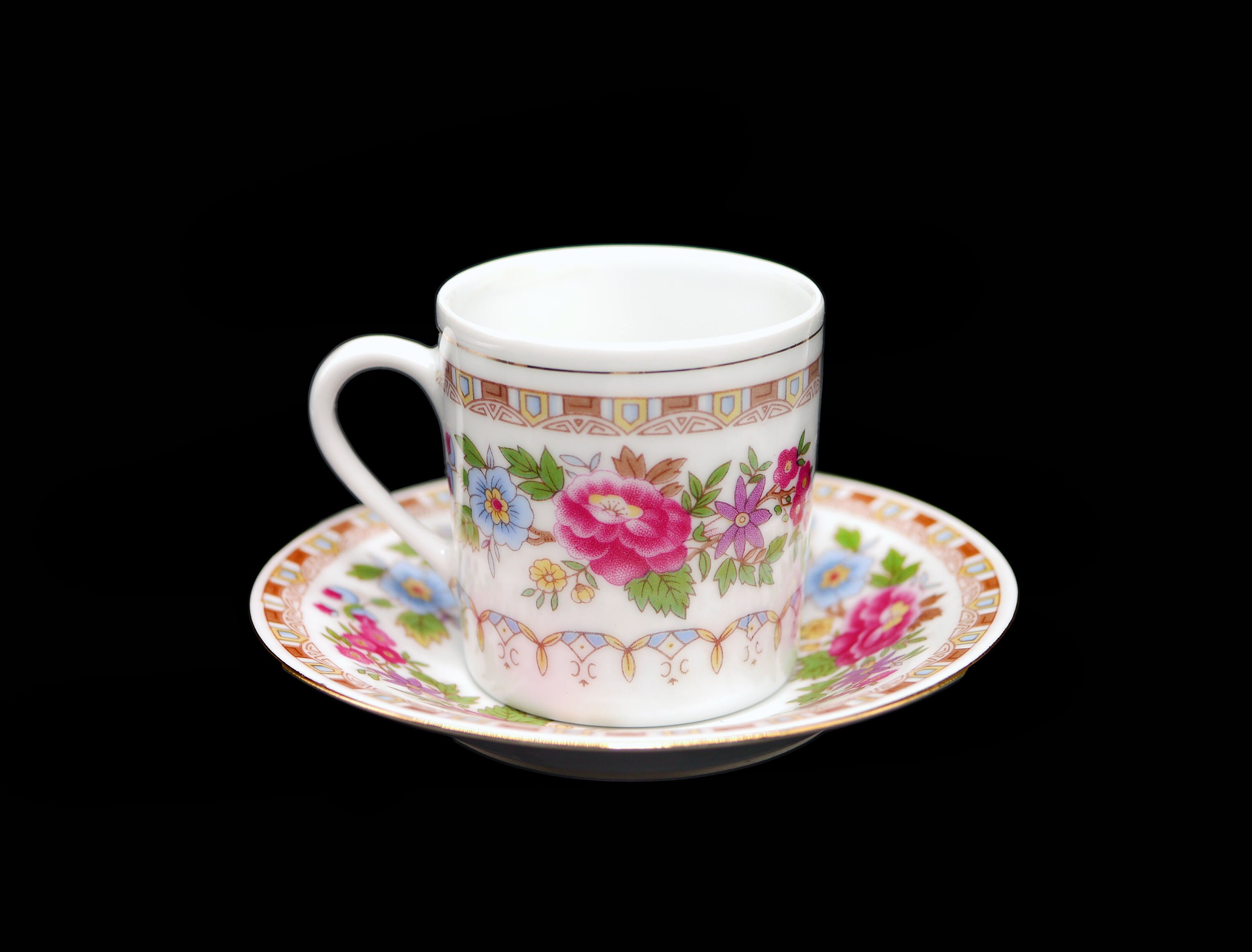 Liling Peony demitasse espresso cup and saucer set. Pink peonies, other
