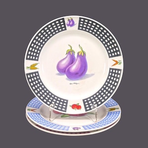 Three Tabletops Unlimited Fresh Vegetables large dinner plates. Corn on cob, eggplant, tomato.