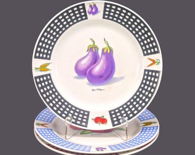 Three Tabletops Unlimited Fresh Vegetables large dinner plates. Corn on cob, eggplant, tomato.