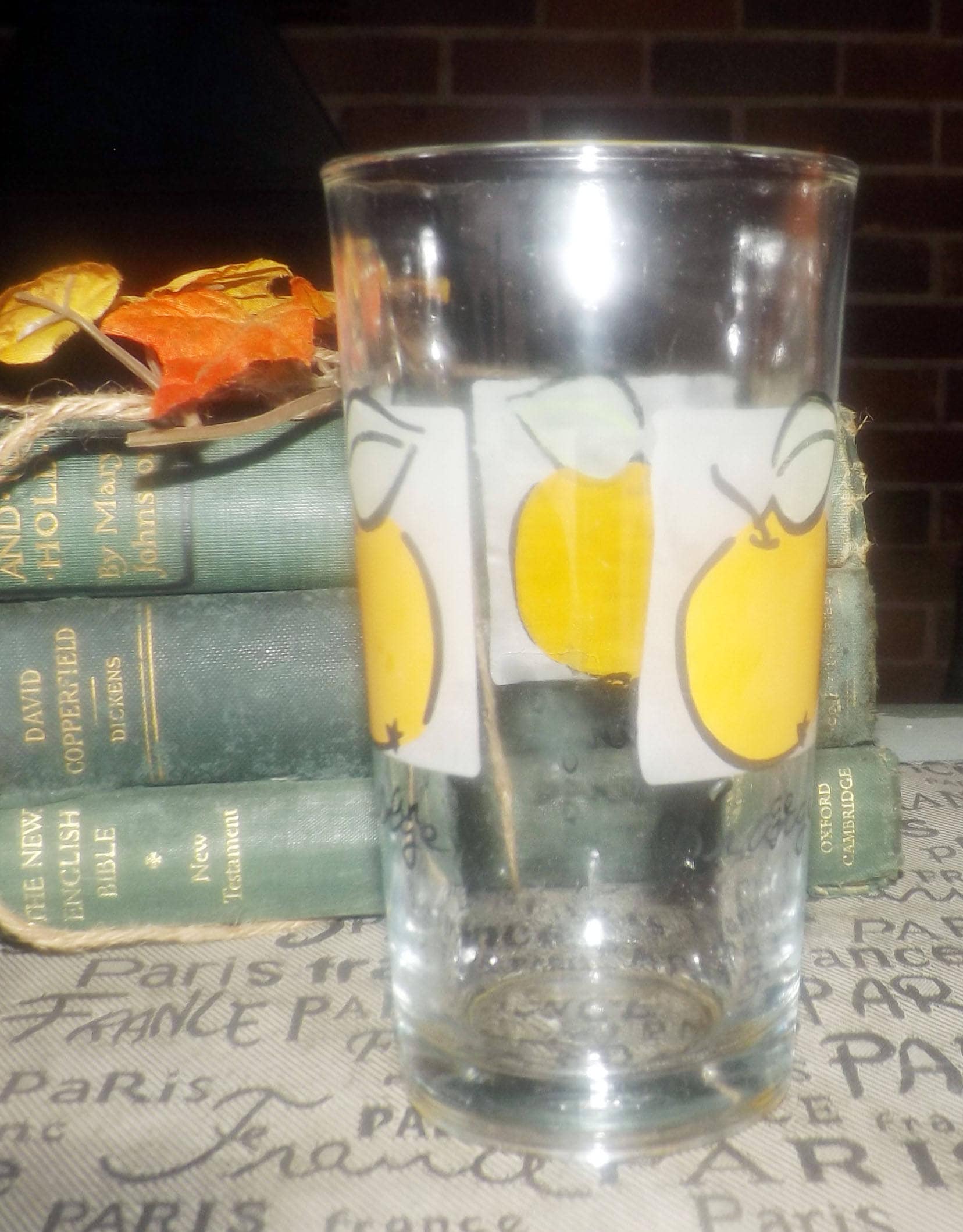 Pair of MCM Firna etchedglass tumblers made in Indonesia. Wording