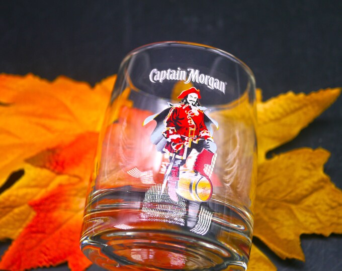 Captain Morgan Rum low-ball | old-fashioned glass. Etched-glass branding, weighted base.