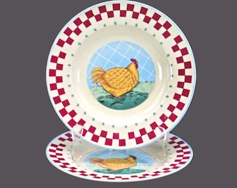 Vintage Tienshan Folk Art Salad Plates: Chicken Design, Red Checkered Rim (Set of 2)