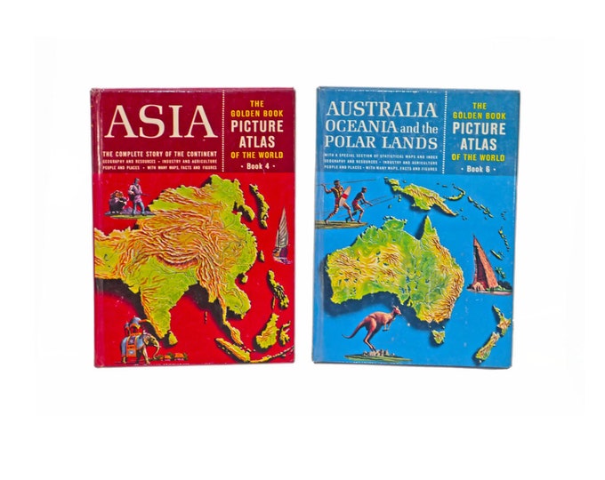 Two volumes of Golden Book Picture Atlas of the World Volume 4 Asia, Volume 6 Australia, Oceania, Polar Islands.