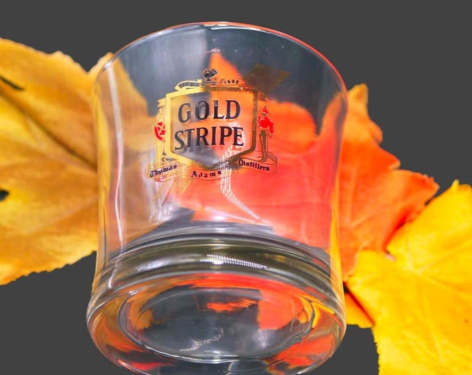 Vintage Canadian Gold Stripe whisky glass. Etched-glass branding. Thomas Adams Distillery.