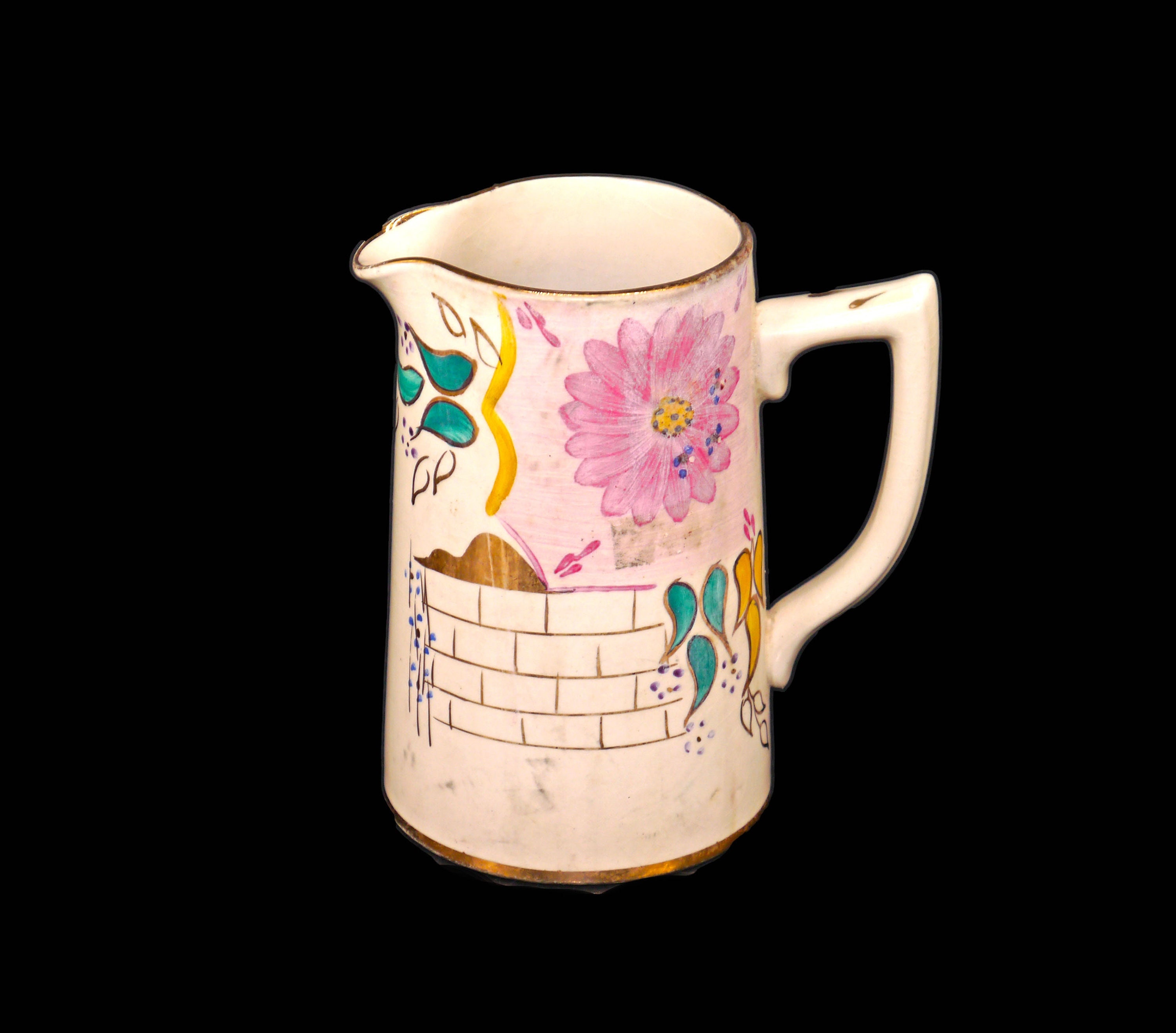 Sadler pitcher. Pink teal florals garden wall. Made in England. Flaws