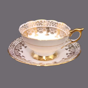 Vintage Royal Stafford Bone China Tea Cup and Saucer: Gold Floral, Made in England