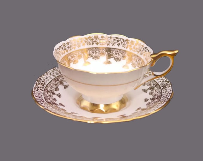 Royal Stafford 8354 wide-mouth cup and saucer set. Abundant gold. Bone china made in England.