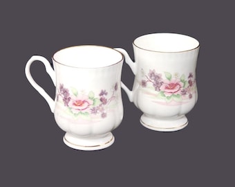 Vintage Crown Ceramics Bone China Mugs: Pink Purple Floral, Gold Scalloped Edge