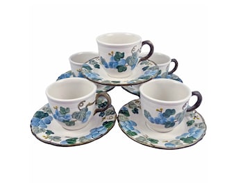 Vintage Metlox Sculptured Grape cup and saucer sets. Poppytrail Vernon USA. 5 sets.