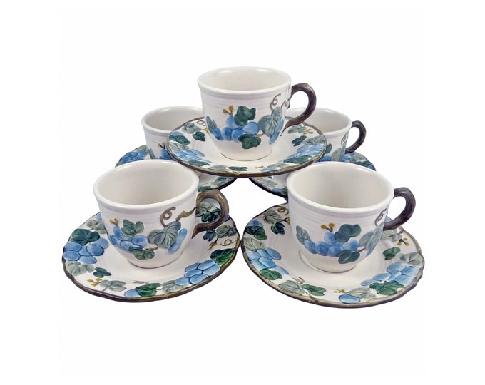 Five Metlox Sculptured Grape cup and saucer sets. Poppytrail Vernon stoneware made in USA.