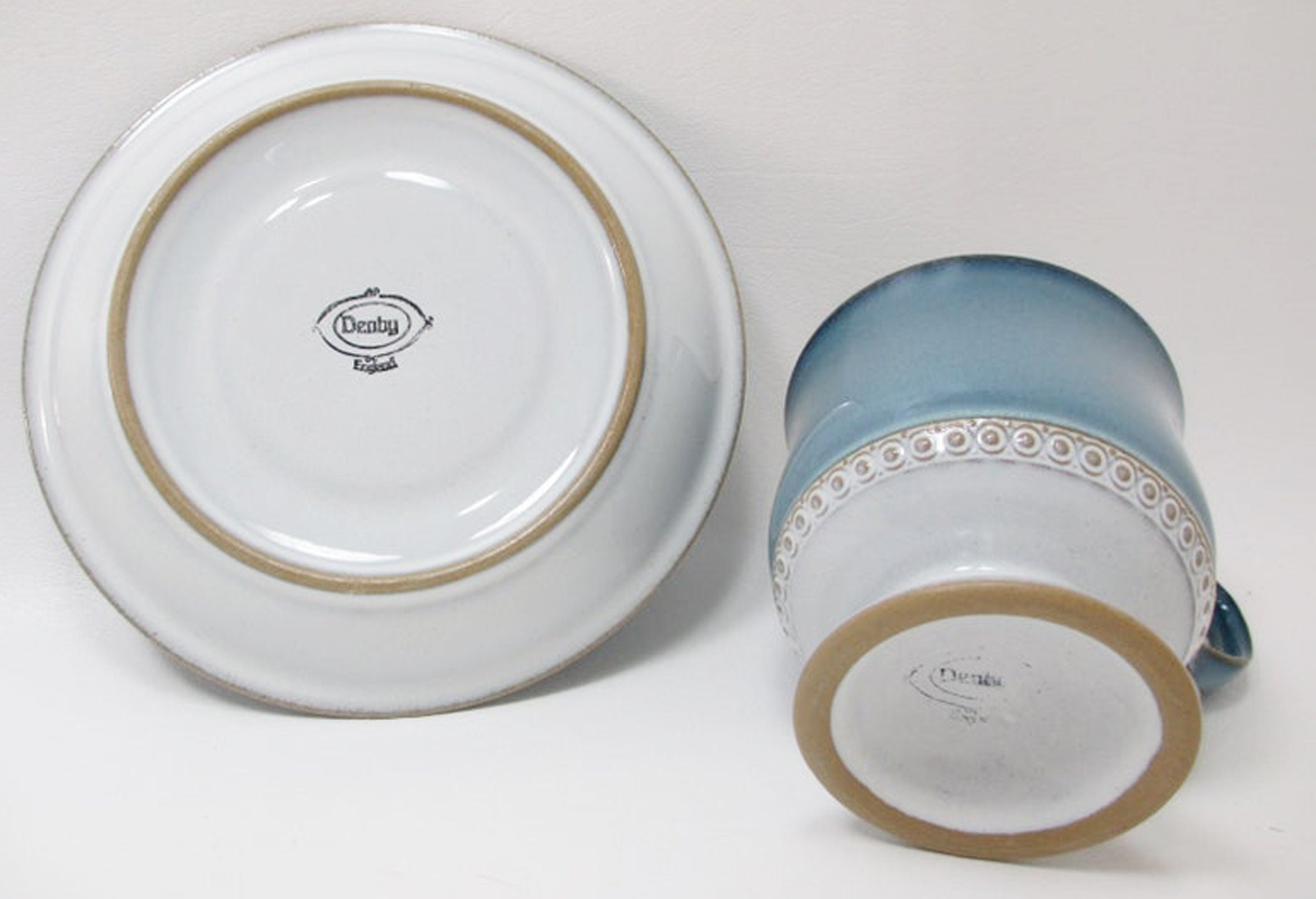 Denby Castile stoneware cup and saucer set made in England. Sets sold