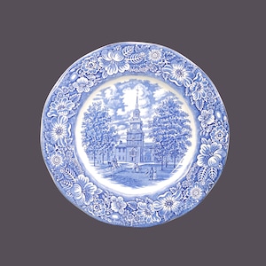 Vintage Liberty Blue blau-weißer Speiseteller. Unabhängigkeitshalle. Historische Kolonialszenen England.