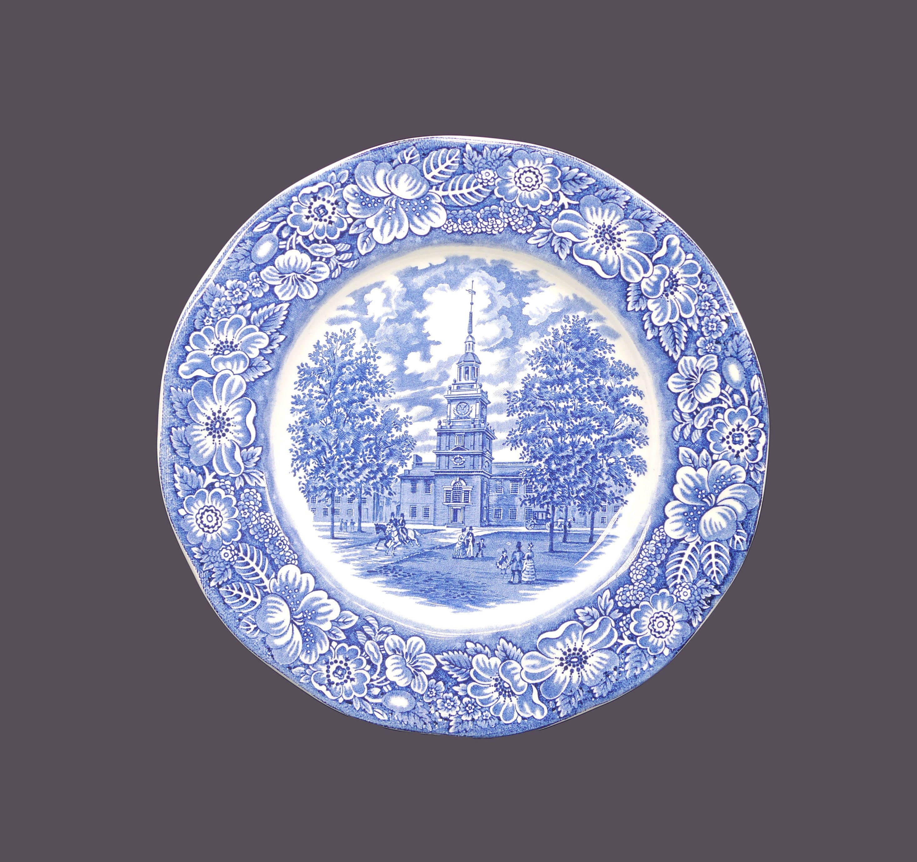 Vintage Liberty Blue blue-and-white dinner plate. Independence Hall. Historic Colonial Scenes England.