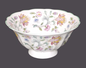 Vintage Minton Haddon Hall footed cranberry serving bowl made in England. Green trim.