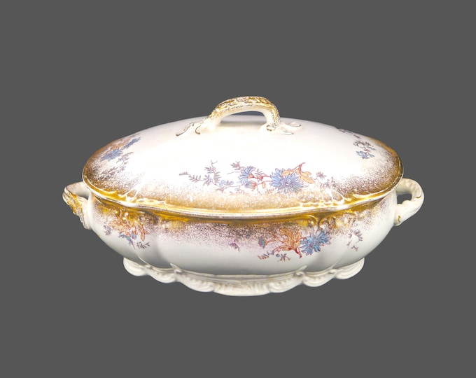 Antique Victorian era Ridgways covered, handled serving bowl made in England. Blue flowers, tan leaves, brushed gold. Royal Semi Porcelain.