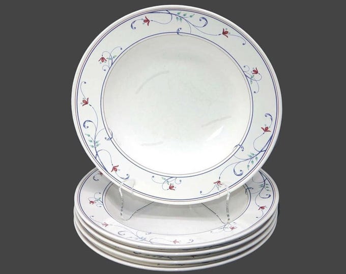 Five Mikasa Annette CAC20 rimmed stoneware soup bowls. Intaglio Stoneware. Utensil marks (see below).