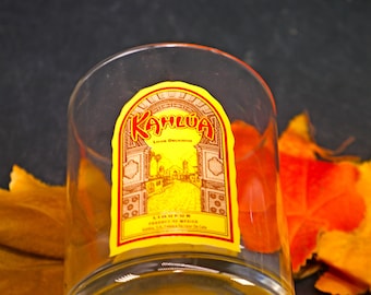Kahlua old-fashioned glass. Etched-glass branding both sides, weighted base, commercial quality.