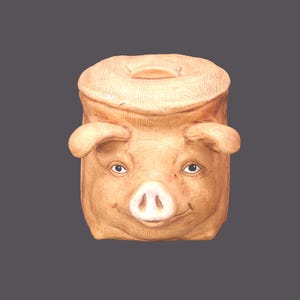 Handmade smiling pig cookie jar with lid. Inscribed to base 1989. Great kitchen storage and decor.