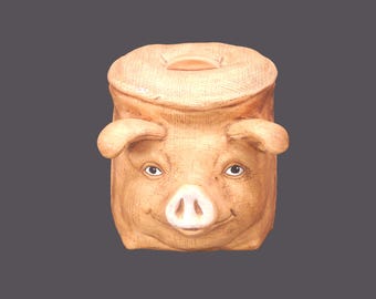 Handmade smiling pig cookie jar with lid. Inscribed to base 1989. Great kitchen storage and decor.