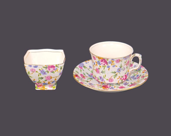Art-deco era Royal Winton Grimwades Old Cottage Chintz cup and saucer with open sugar bowl made in England. Flaws (see below).