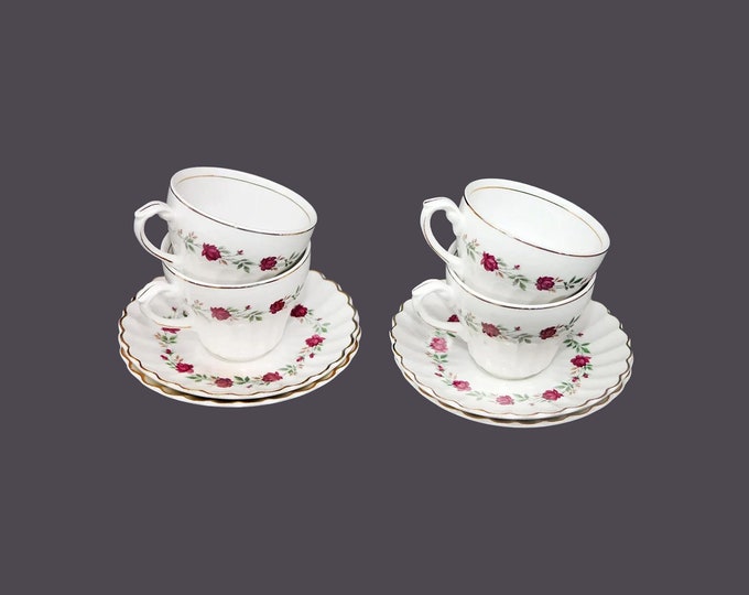 Four J&G Meakin Rose Marie cup and saucer sets made in England. Orphaned saucers also available. Choose pieces below.