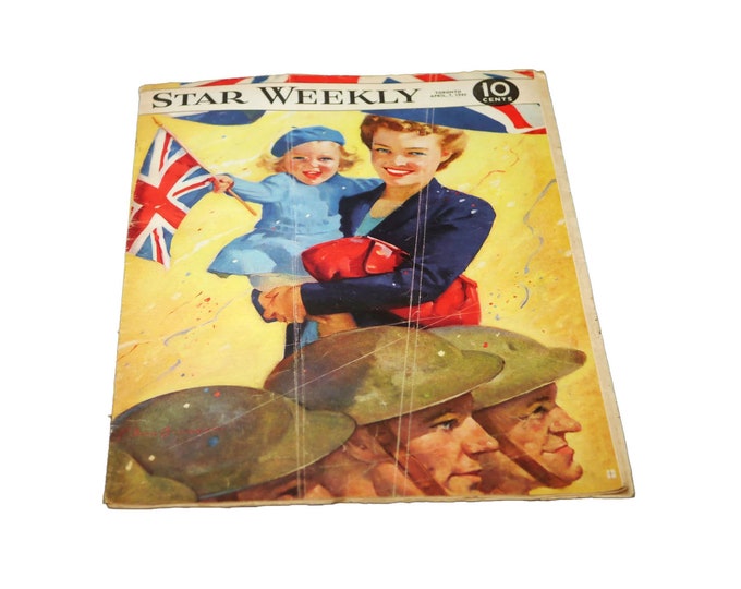 The Star Weekly | Toronto Star magazine WWII-era April 1945 issue. Mother, child Union Jacks.