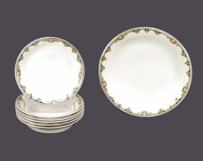 Seven antique Edwardian Age J&G Meakin MEK170 bowls. One soup, six dessert bowls. Sol Sunshine Ironstone made in England. Flaw (see below).