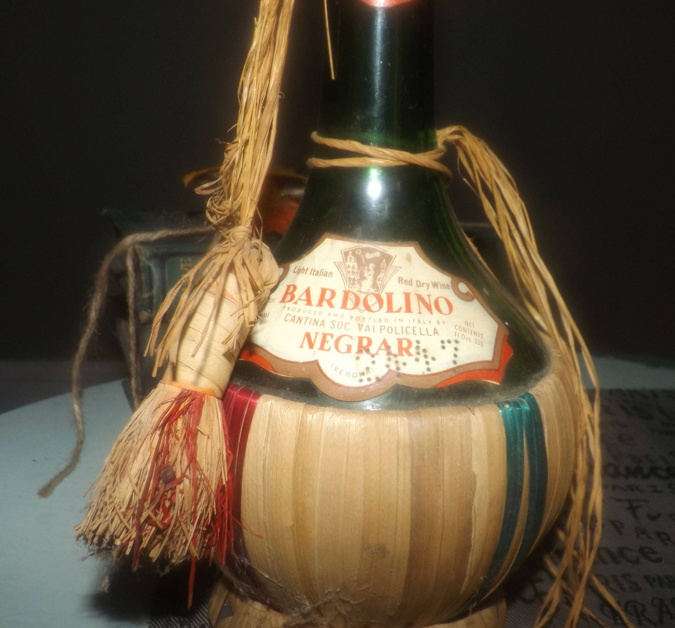Vintage (1964) Bardolino Negrar Italy dry red wine long-neck fiasco bottle. All original labels ...