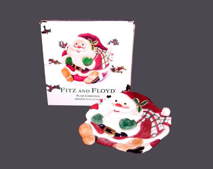 Fitz & Floyd Plaid Christmas Santa Claus canape plate | candy dish with box.