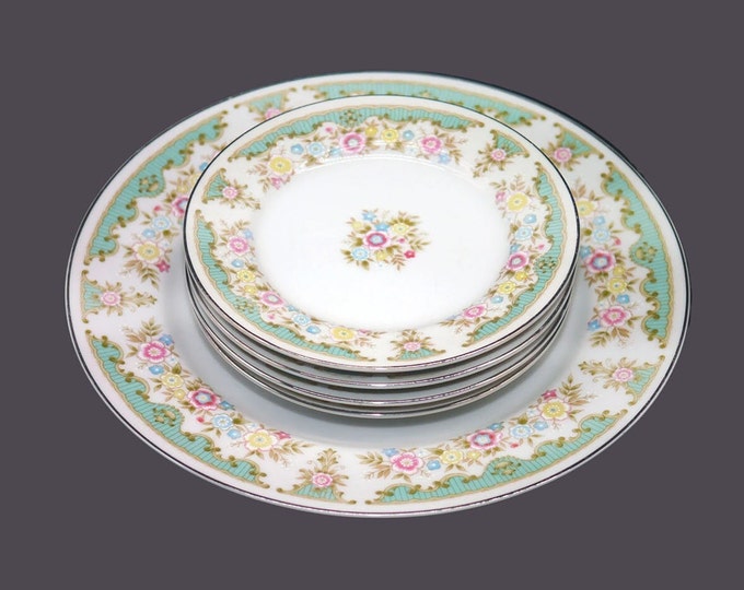 Acadia Fine China plate set made in Japan. Multicolor florals, aqua band. Dinner plate and four side plates.