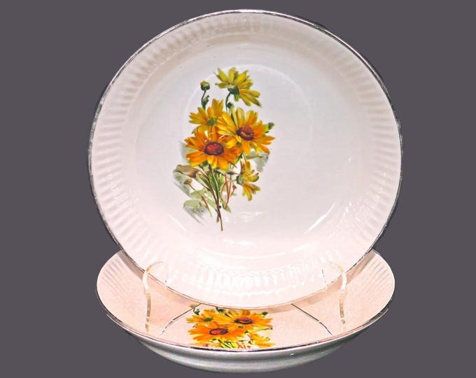 Pair of Georgian China coupe soup bowls. Yellow daisies, gold edge. Made in USA, decorated in Canada.