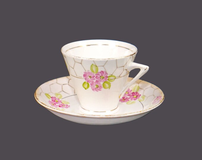 Almost antique Phoenix China 7017 hand-decorated pink honeycomb cup and saucer set. Bone china made in England. Flaws (see below).