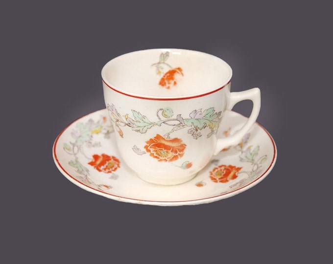 Wade Heath cup and saucer set made in England. Chinoiserie orange poppies, red trim. Minor flaws (see below).