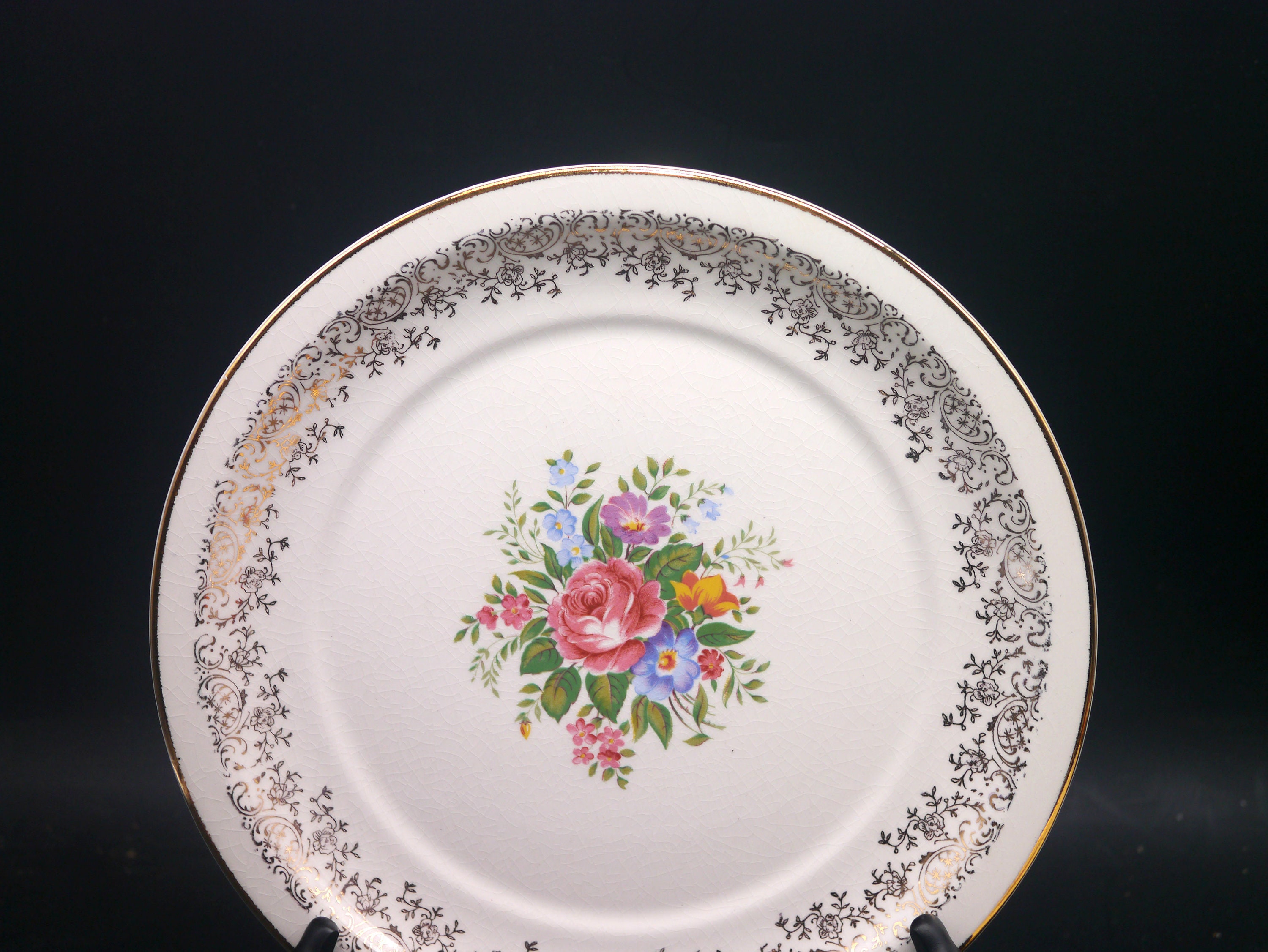 Six China Devon Rose dinner plates made in the USA decorated