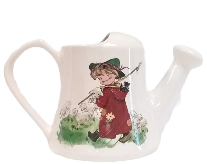 Carltonware watering can. Young boy with fishing pole, boy with duck playing horn. Made in England.