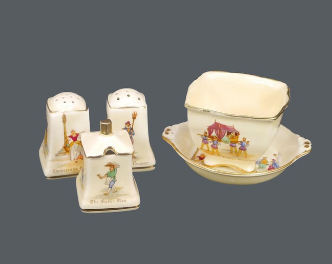Vintage Royal Winton Old English Markets Salt & Pepper, Mustard and sugar bowl.