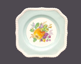 Johnson Brothers California square salad plate made in England. Aqua rim with apple, berries.